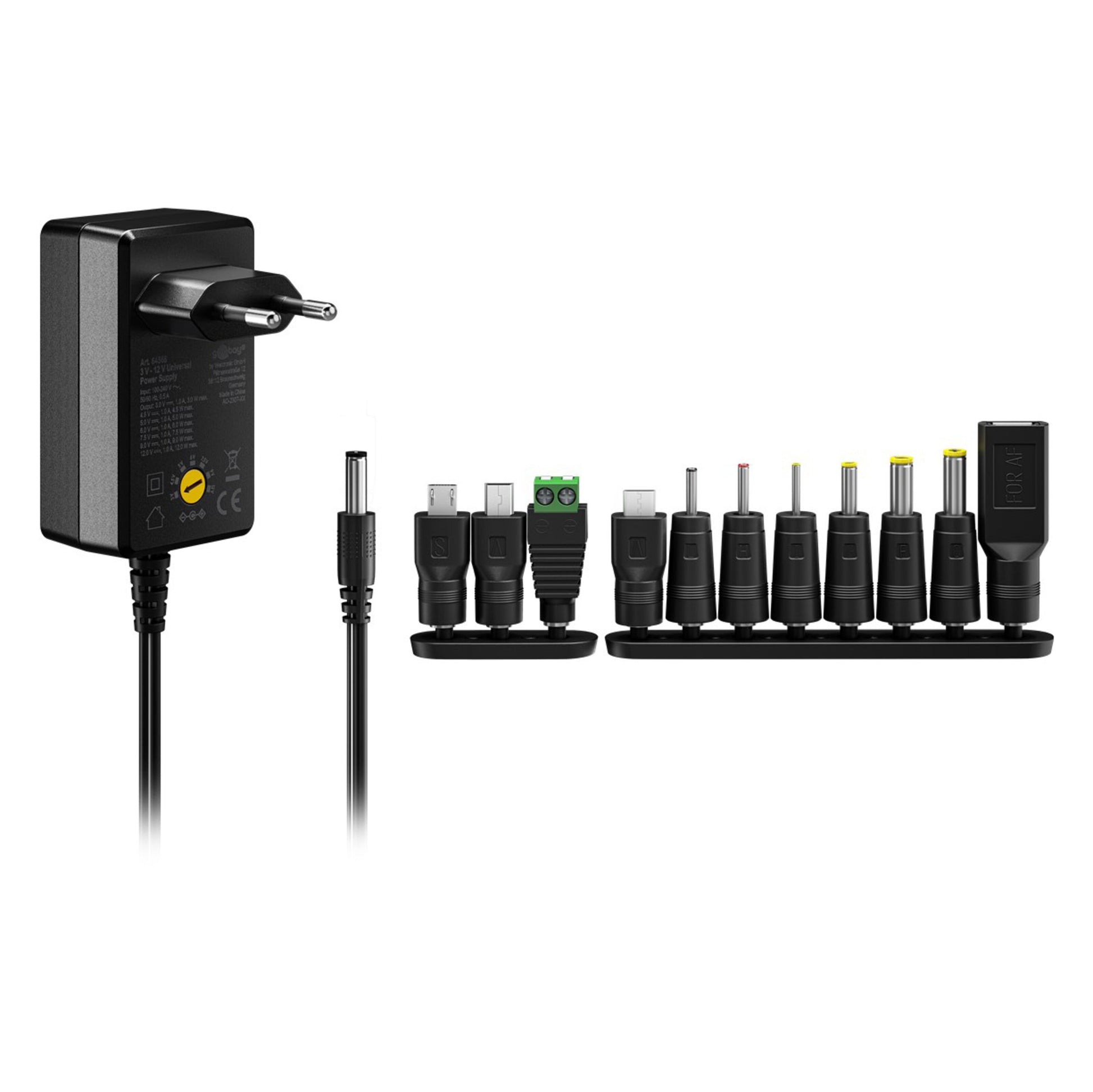 Justerbar netadapter 3-12V DC 27W med europæisk stik og 10 udskiftelige stikspidser, sort.