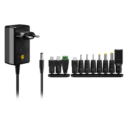 Justerbar netadapter 3-12V DC 27W med europæisk stik og 10 udskiftelige stikspidser, sort.