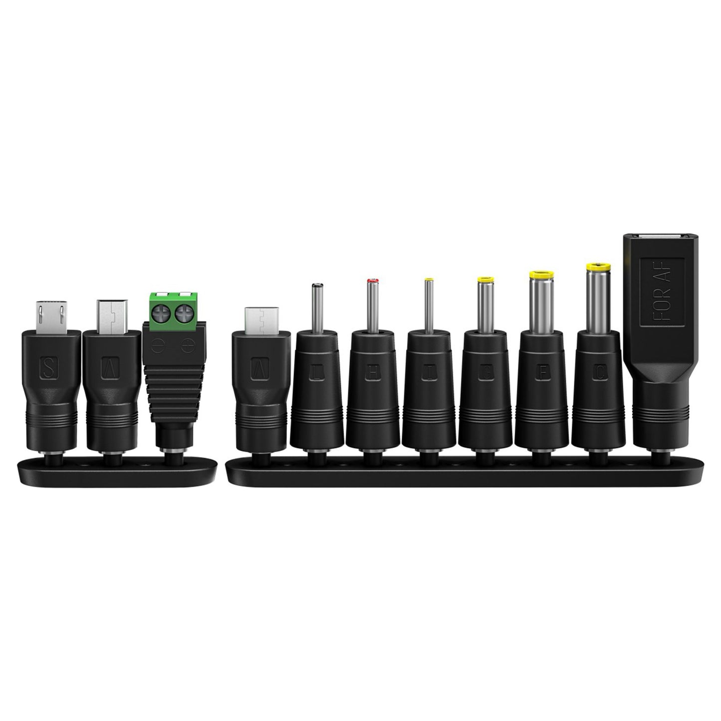 Adaptere og stik til Goobay Justerbar netadapter 3-12V 27W, sort, inkl. USB, mikro-USB og tøndestik på bakker.