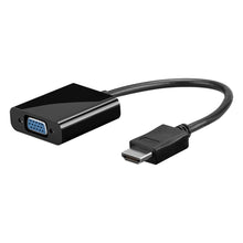 HDMI til VGA-adapter med lyd, sort kabel, HDMI-stik og VGA-port til tilslutning af HDMI-enheder til VGA-skærme.