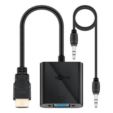 HDMI til VGA-adapter med lyd, sort, HDMI-stik, VGA-port, til 3,5 mm lydport.