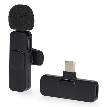 Nedis trådløse sort lavalier mikrofon med skumfilter, clips og USB-C modtager.