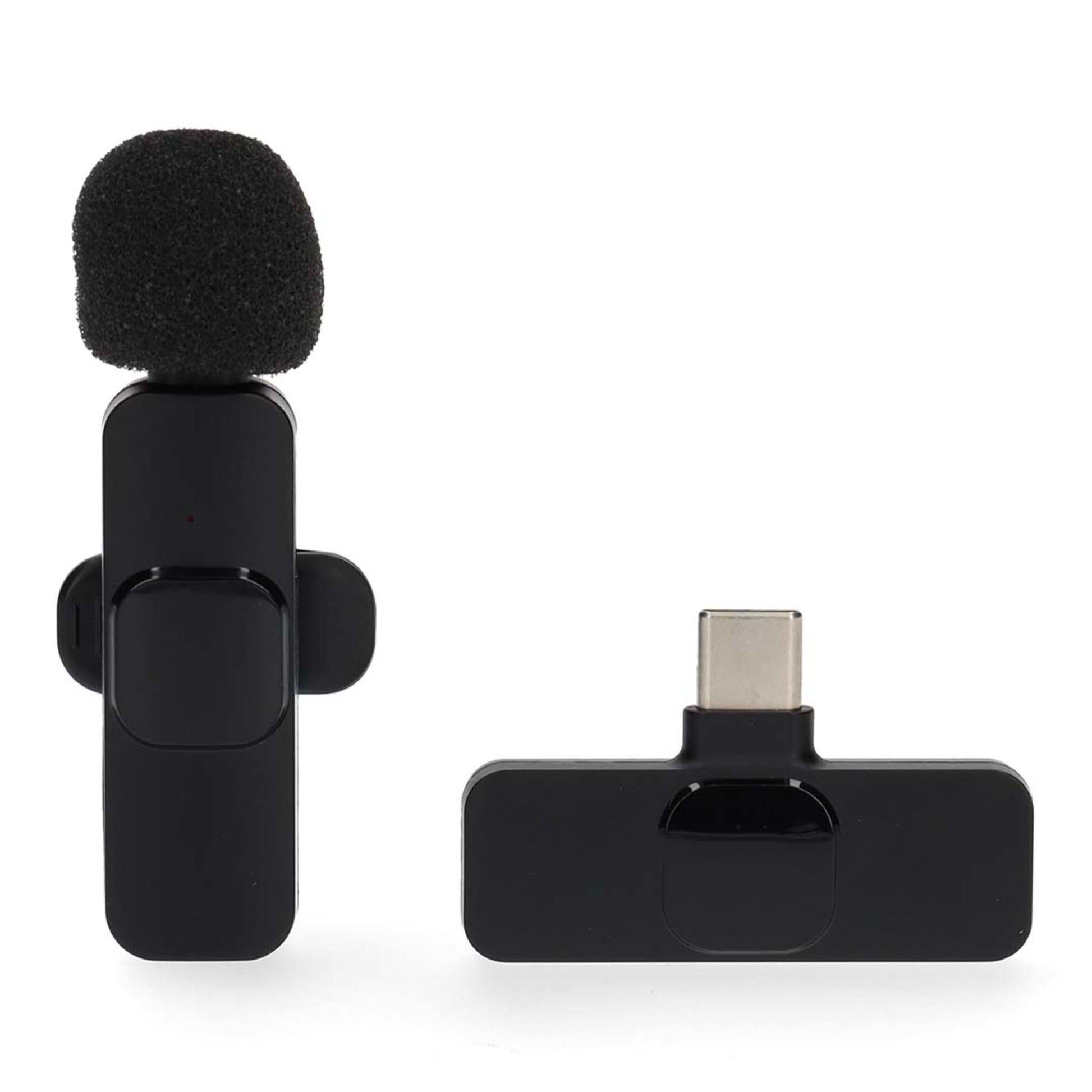 Nedis trådløse knaphulsmikrofon med pelsvindhætte og USB-C-adapter til lydoptagelser via USB-C-port.