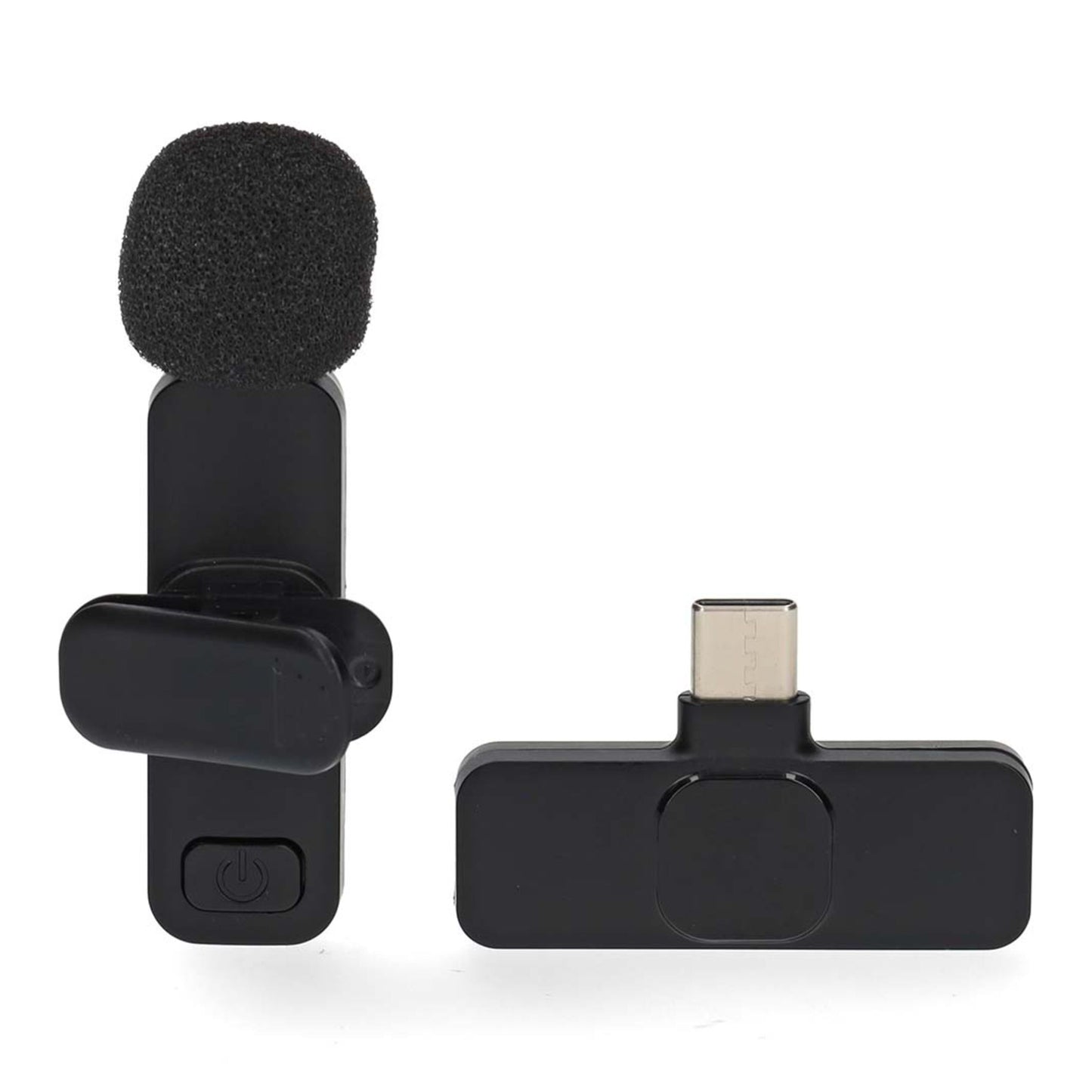 Trådløs sort knaphulsmikrofon med skumvindhætte, clips og USB-C-modtager.