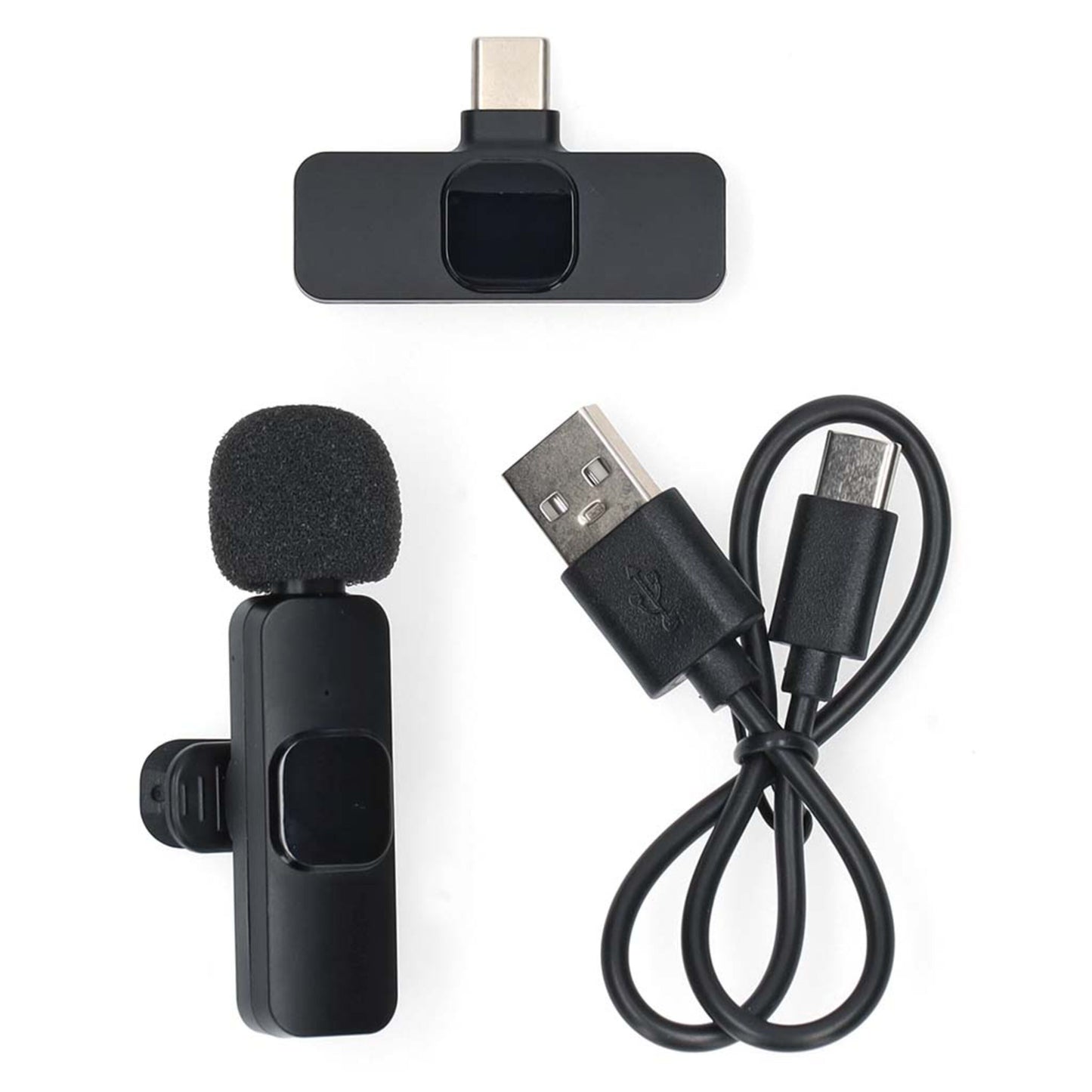 Nedis trådløse knaphuls mikrofon til USB-C med skumovertræk, USB-C modtager og USB-A til USB-C opladningskabel.
