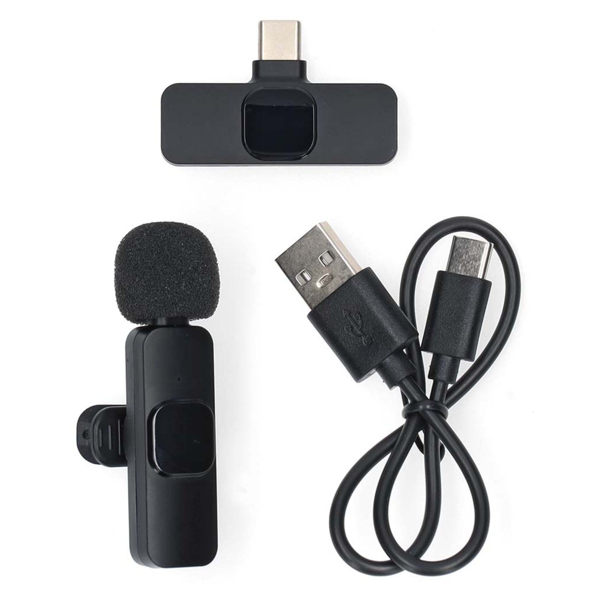 Nedis trådløse knaphuls mikrofon til USB-C med skumovertræk, USB-C modtager og USB-A til USB-C opladningskabel.