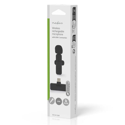 Nedis trådløs knaphulsmikrofon til USB-C, æske med mikrofon-, USB-C- og mute-ikon, brand: Nedis.