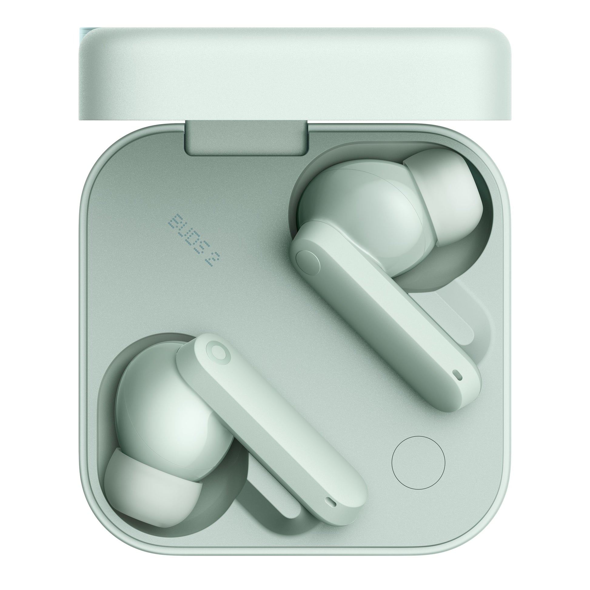 Nothing CMF Buds 2 lysegrønne trådløse in-ear høretelefoner med aktiv støjreduktion i åbent matchende etui sæt oppefra.