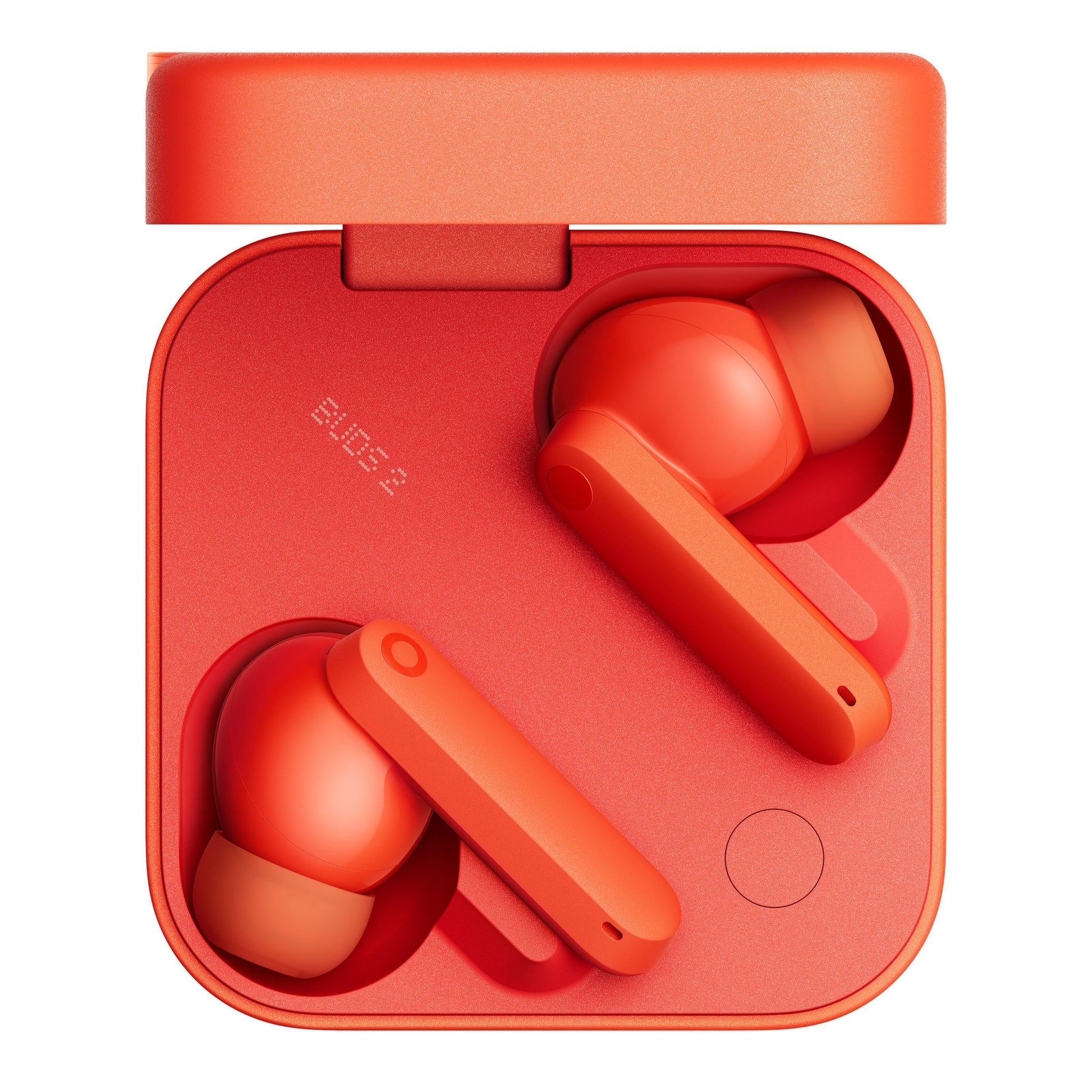 Nothing CMF Buds 2 Orange i åben opladeretui set oppefra, ørepropper placeret og "BUDS 3" trykt indeni, aktiv støjreduktion.