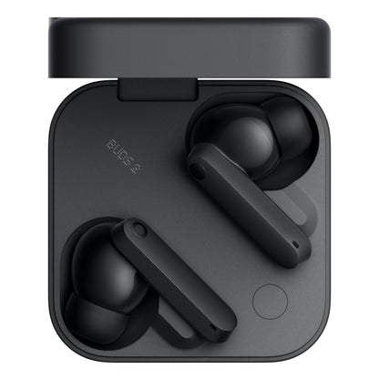 Nothing CMF Buds 2 true wireless mørkegrå øretelefoner i åben firkantet opladningsetui med logo, pairing-knap, ANC, set ovenfra.