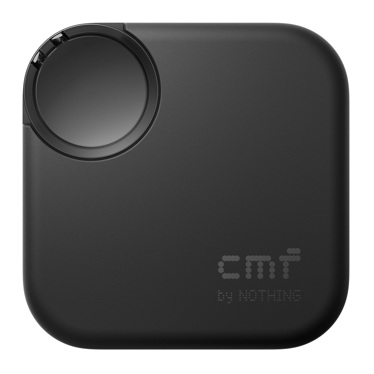 Nothing CMF Buds 2 opladeretui, firkantet sort med afrundede hjørner og cirkulær drejeknap, logo nederst til højre.