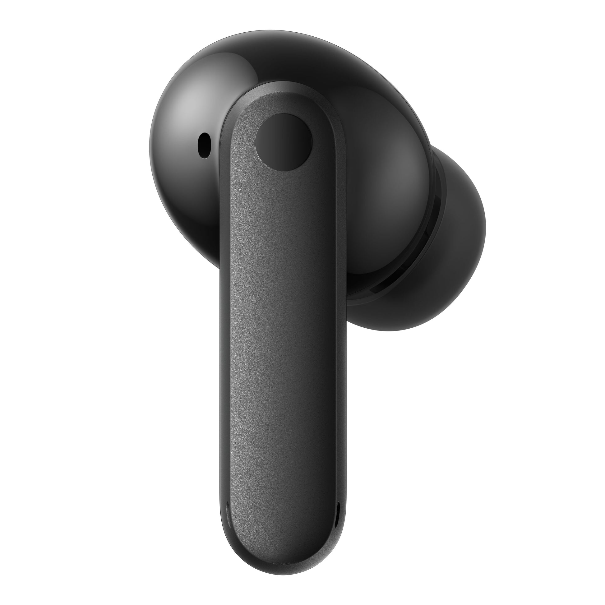 Nothing CMF Buds 2 mørkegrå øretelefon med blank, rund front, mat lang stilk, vinkel in-ear tip og synlig cirkulær sensor.