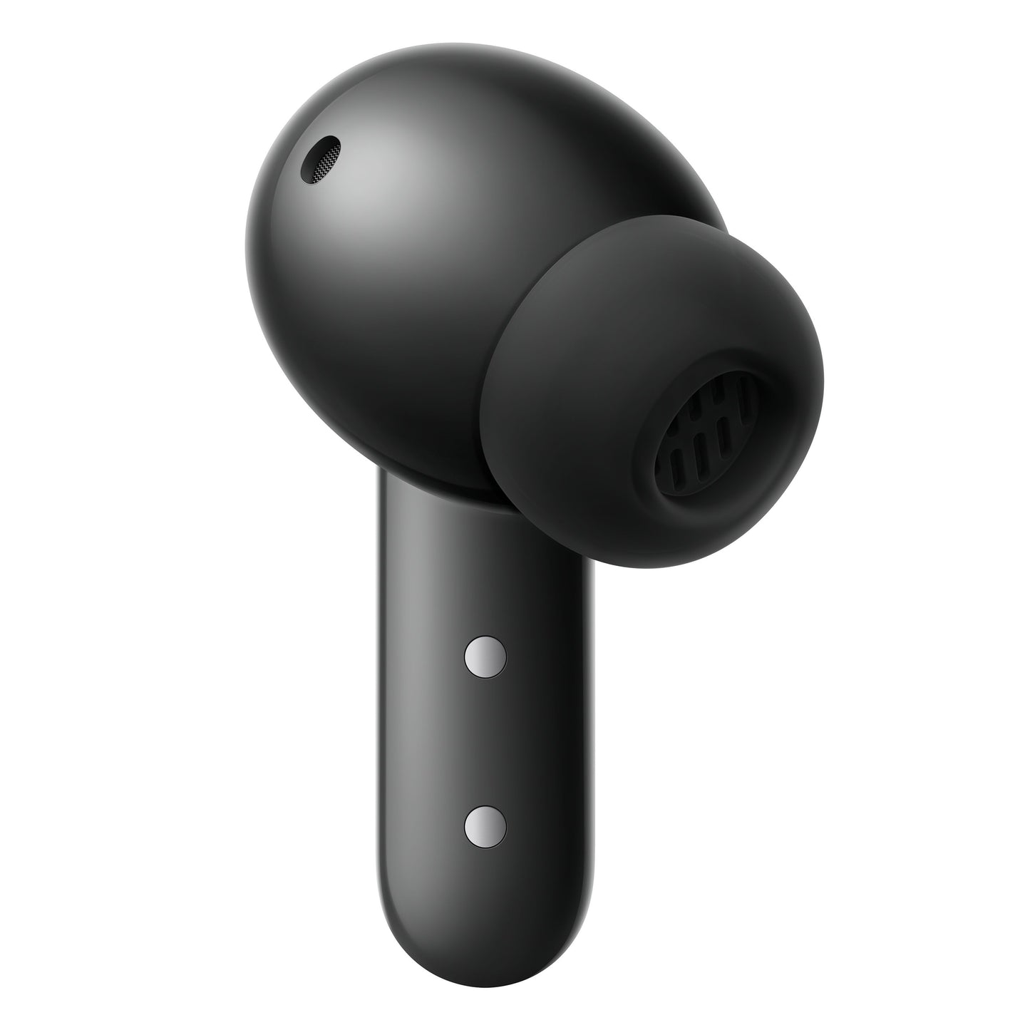 Nothing CMF Buds 2 true wireless earbud, mørkegrå, rund krop, silikone øreprop, to metalopladningskontakter, aktiv støjreduktion.
