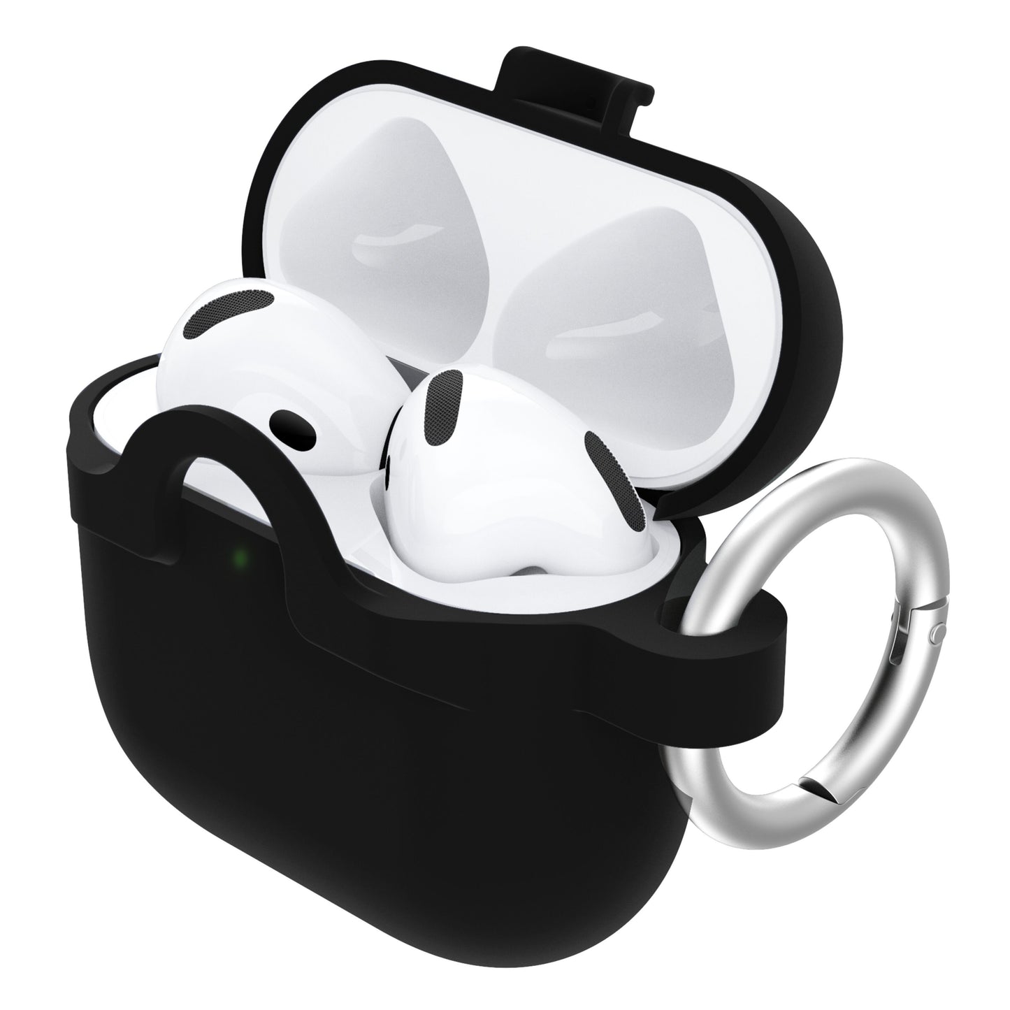 Apple AirPods Gen 4 i hvid, trådløs, åben opladningsetui med Holdbart cover til AirPods Gen 4 og sølvnøgleing.