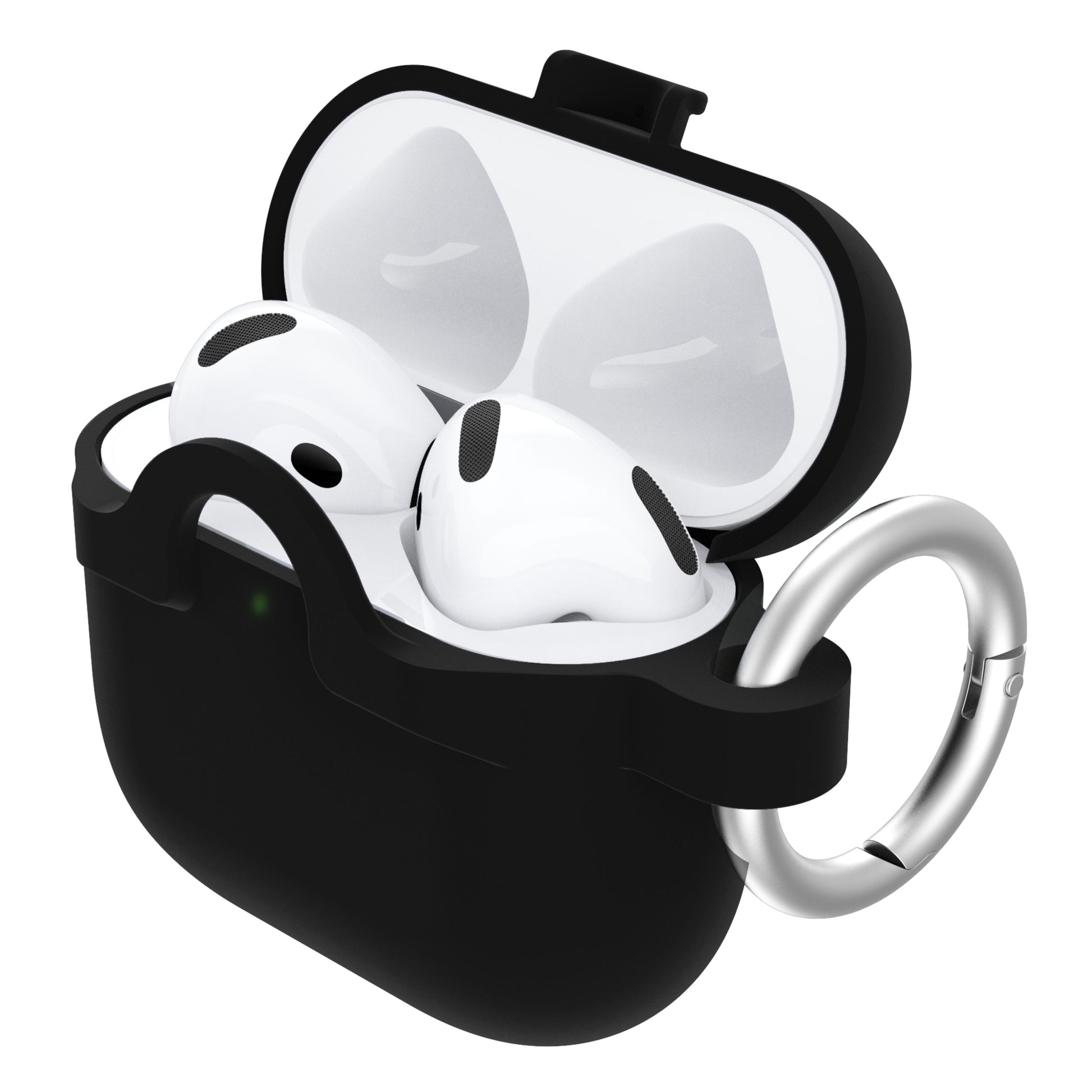 Apple AirPods Gen 4 i hvid, trådløs, åben opladningsetui med Holdbart cover til AirPods Gen 4 og sølvnøgleing.