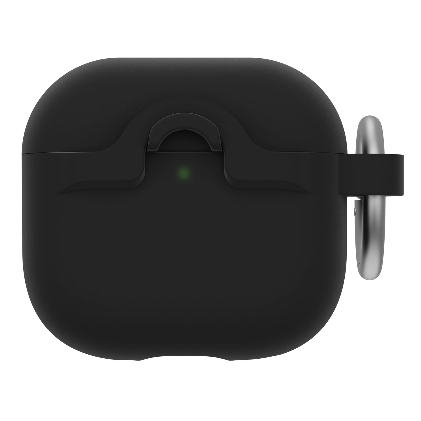 Otterbox Holdbart cover til AirPods Gen 4, sort med grøn indikator foran og metal-karabinhage på siden.