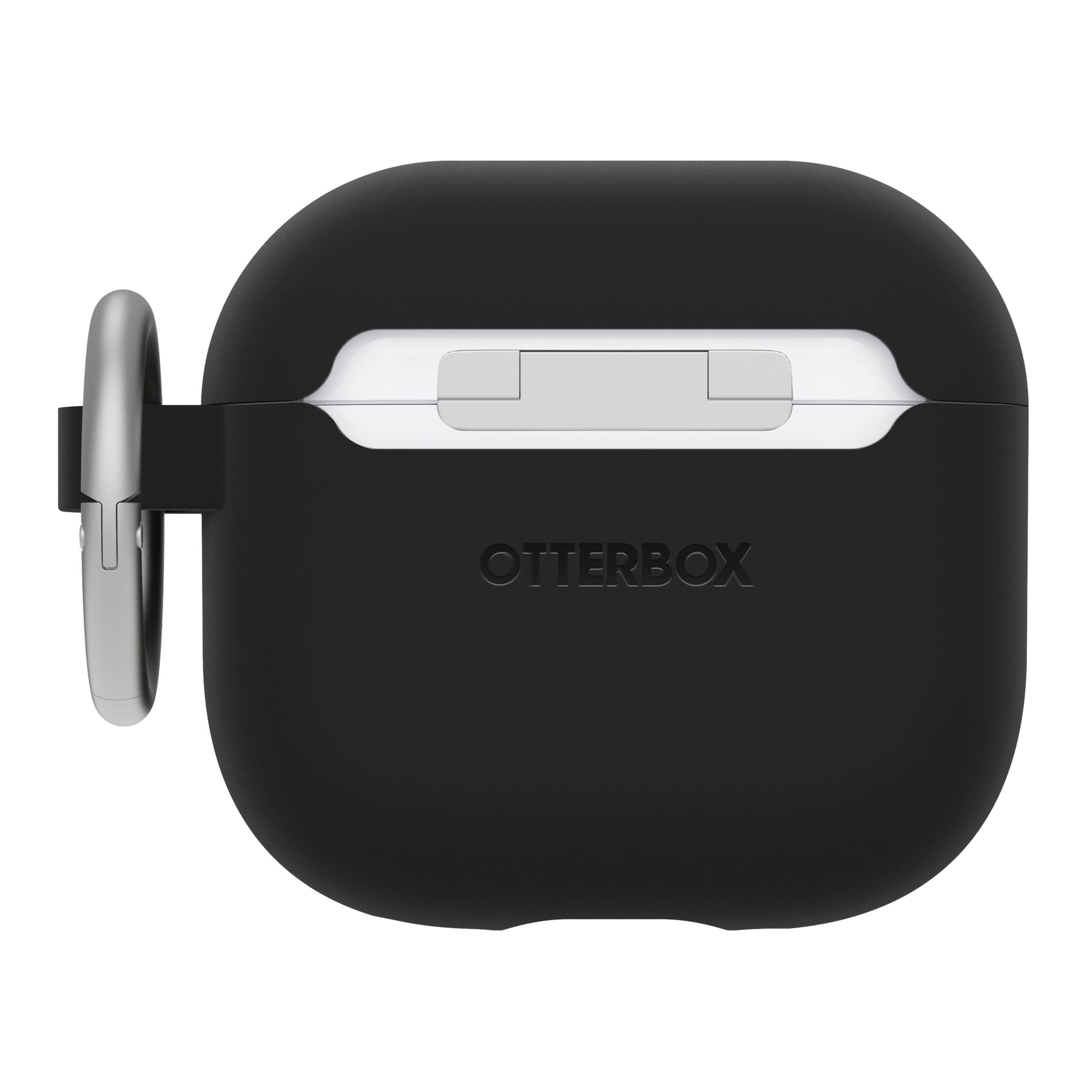Otterbox Holdbart cover til AirPods Gen 4 sort, synlig sølv karabinhage og top-hængsel.