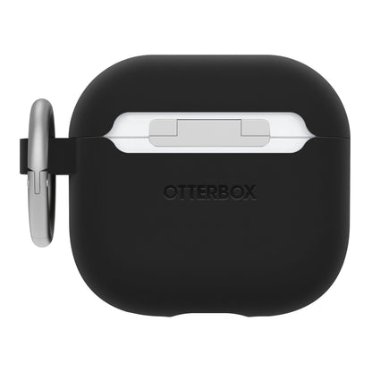 Otterbox Holdbart cover til AirPods Gen 4 sort, synlig sølv karabinhage og top-hængsel.