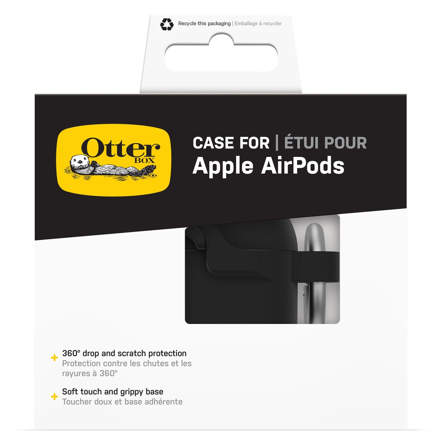 Otterbox holdbart cover til AirPods Gen 4 sort, synlig gennem emballage med gult Otterbox-logo og engelsk/fransk tekst.