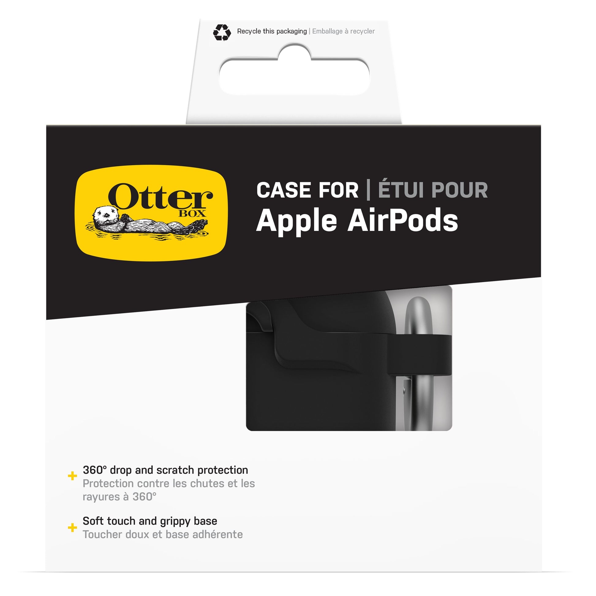 Otterbox holdbart cover til AirPods Gen 4 sort, synlig gennem emballage med gult Otterbox-logo og engelsk/fransk tekst.