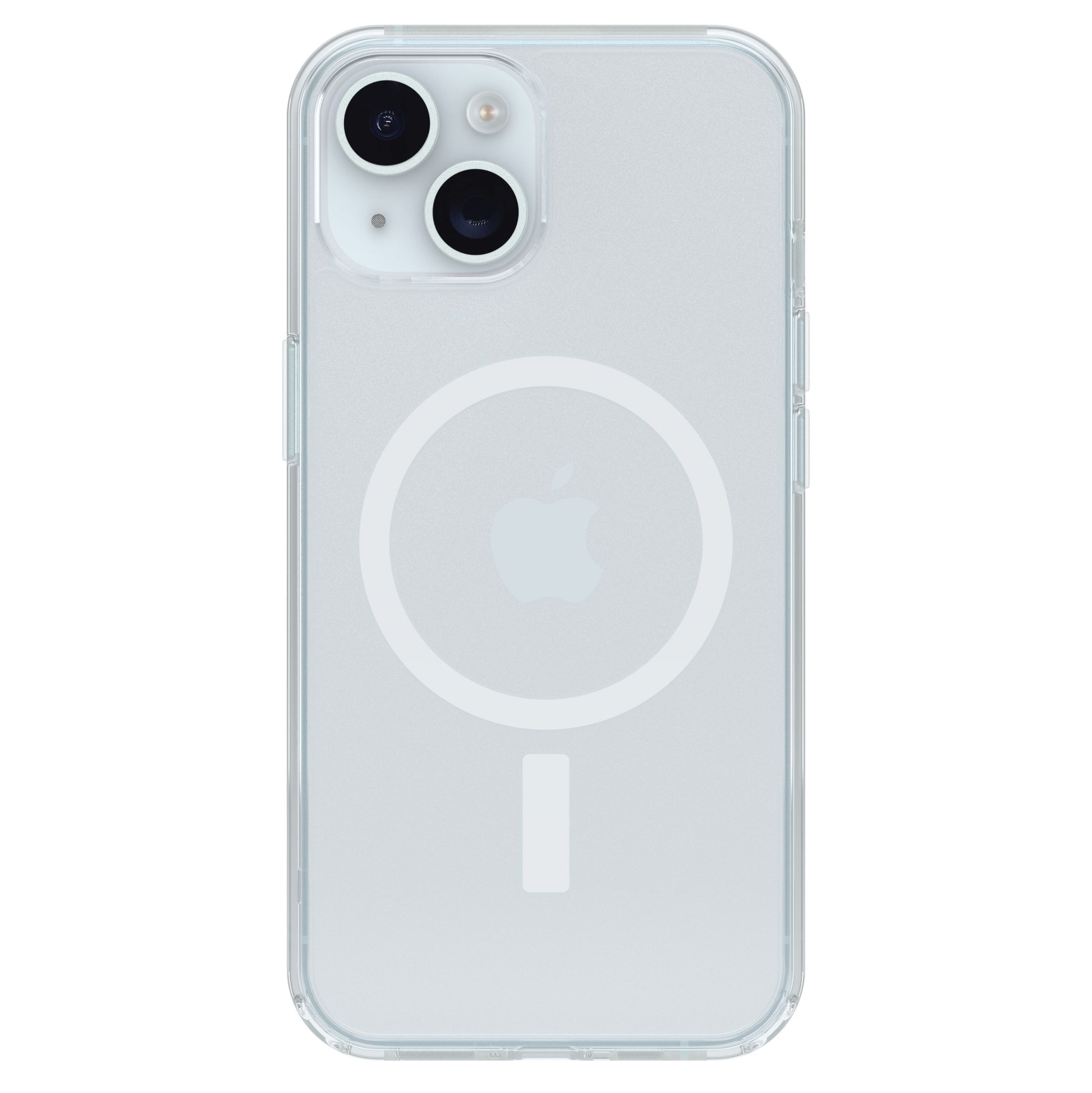 Otterbox Symmetry MagSafe cover iPhone 13/14/15/16e gennemsigtig hvid MagSafe-cirkel Apple-logo åbning til dobbelt kamera.