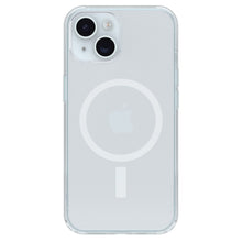Otterbox Symmetry MagSafe cover iPhone 13/14/15/16e gennemsigtig hvid MagSafe-cirkel Apple-logo åbning til dobbelt kamera.