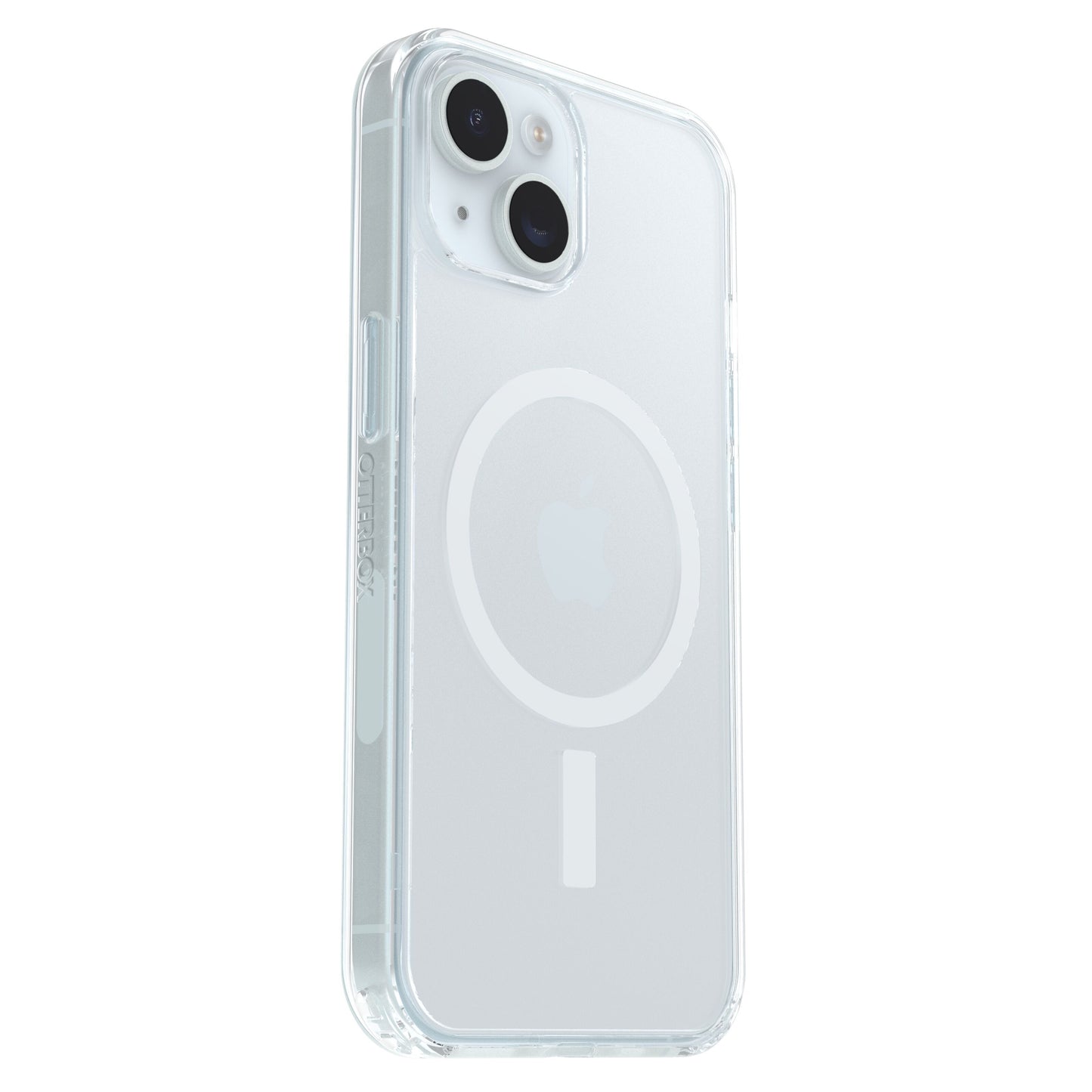 Otterbox Symmetry MagSafe iPhone 13/14/15/16e gennemsigtigt cover med stødabsorbering, MagSafe-ring og Otterbox-logo.