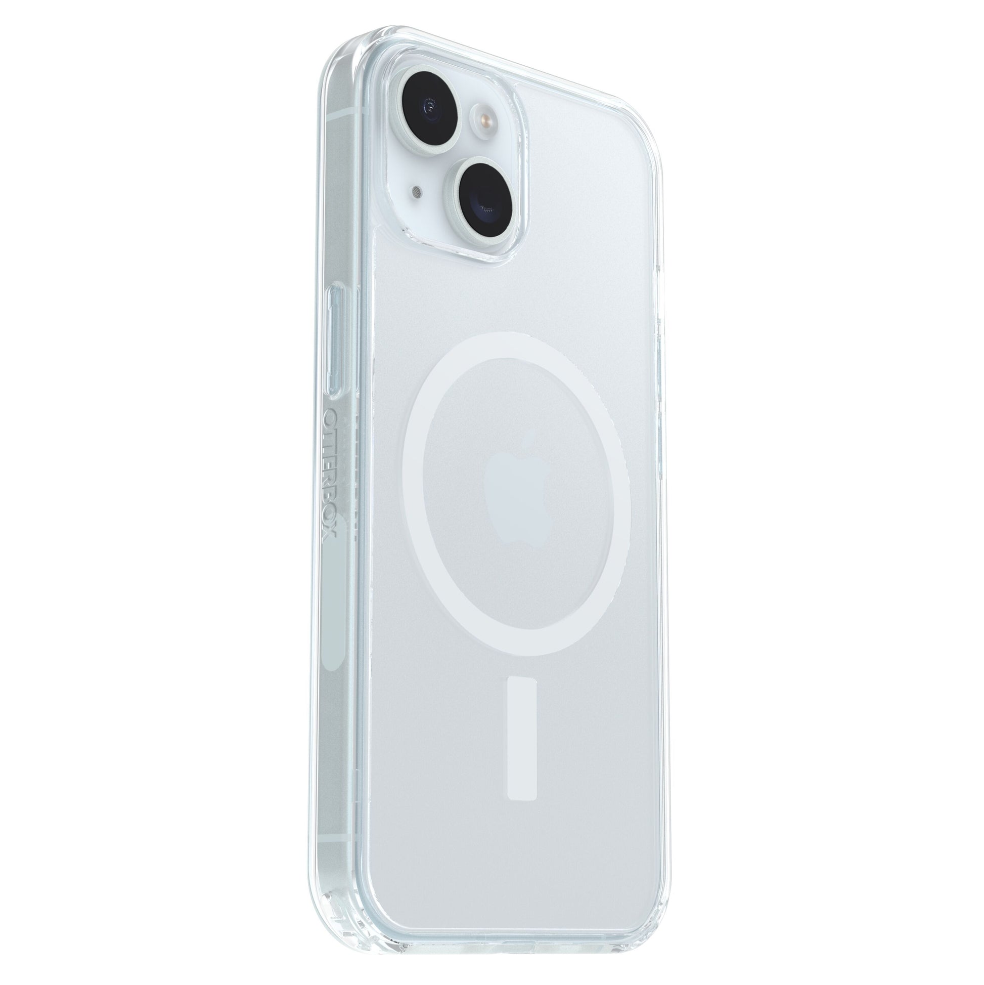 Otterbox Symmetry MagSafe iPhone 13/14/15/16e gennemsigtigt cover med stødabsorbering, MagSafe-ring og Otterbox-logo.
