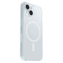 Otterbox Symmetry MagSafe iPhone 13/14/15/16e gennemsigtigt cover med stødabsorbering, MagSafe-ring og Otterbox-logo.