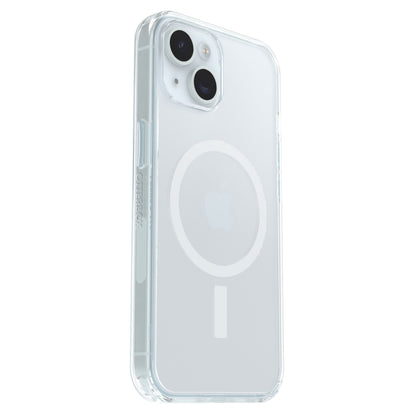 Otterbox Symmetry MagSafe iPhone 13/14/15/16e gennemsigtigt cover med stødabsorbering, MagSafe-ring og Otterbox-logo.