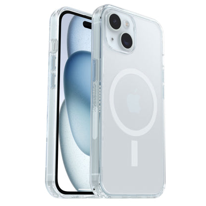 Otterbox Symmetry MagSafe cover til iPhone 13/14/15/16e med synlig MagSafe-ring, blå-hvid abstrakt baggrund.