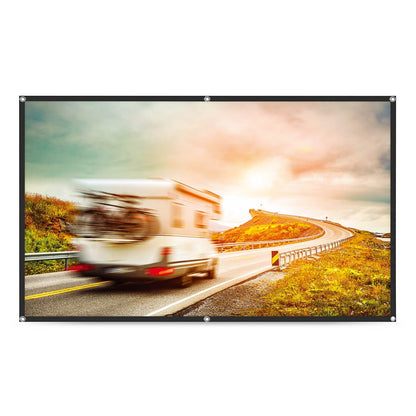 Lenco LPJA-100WH sammenklappeligt projektorlærred 100″, 16:9, med metaløjer, med motiv af en autocamper på en kystvej.