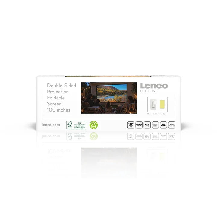 Emballage til Lenco LPJA-100WH foldbart projektorlærred 100″ 16:9 med illustration af filmvisning udendørs.