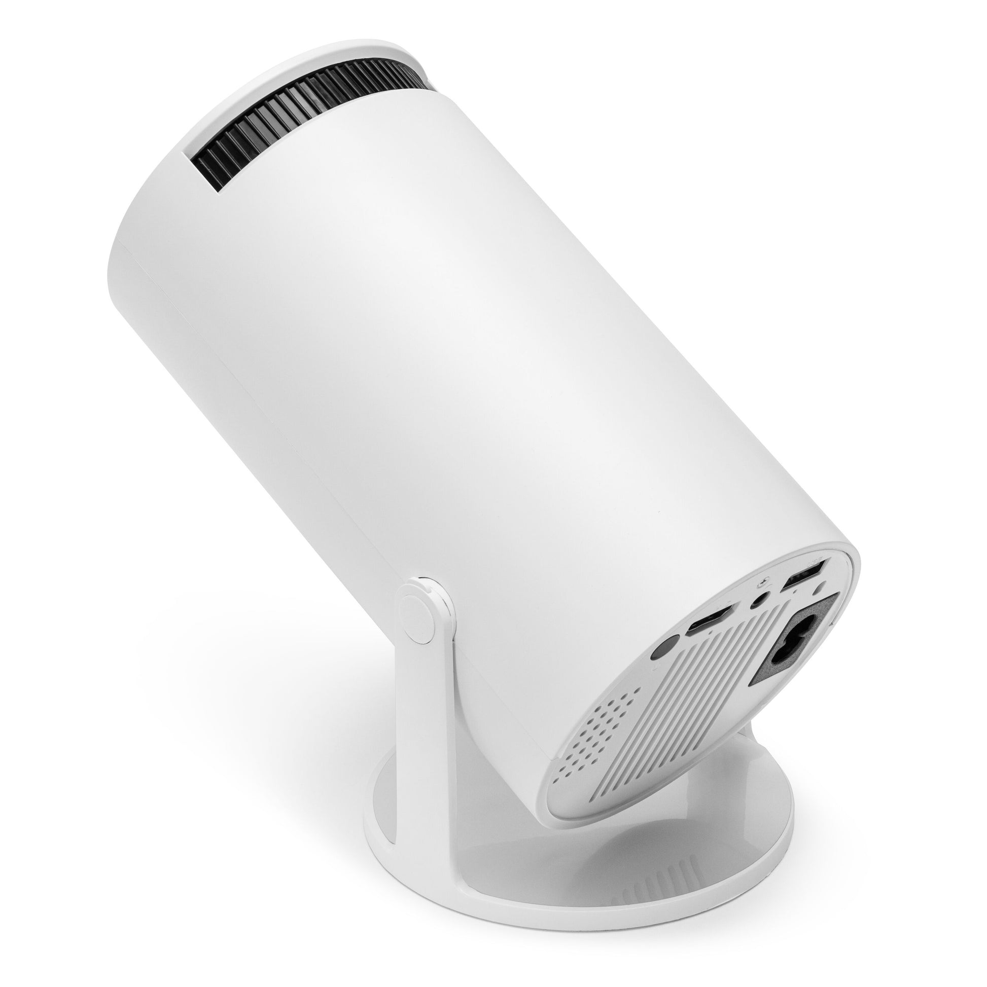 Plexgear Bærbar LCD-projektor CV200, HD mini, cylindrisk design med cirkulær fod, porte og ventilation bagpå.