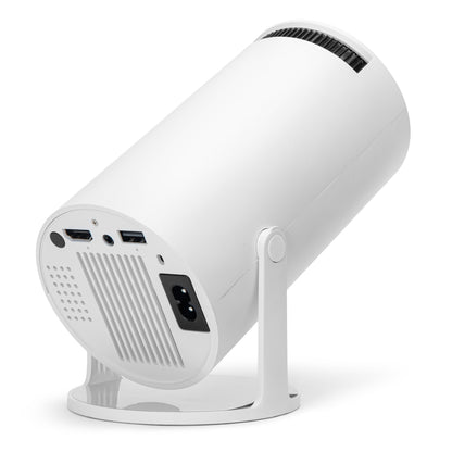 Plexgear CV200 bærbar LCD-projektor, cylindrisk design på stativ, bagfra med HDMI, USB, lyd- og strømporte.