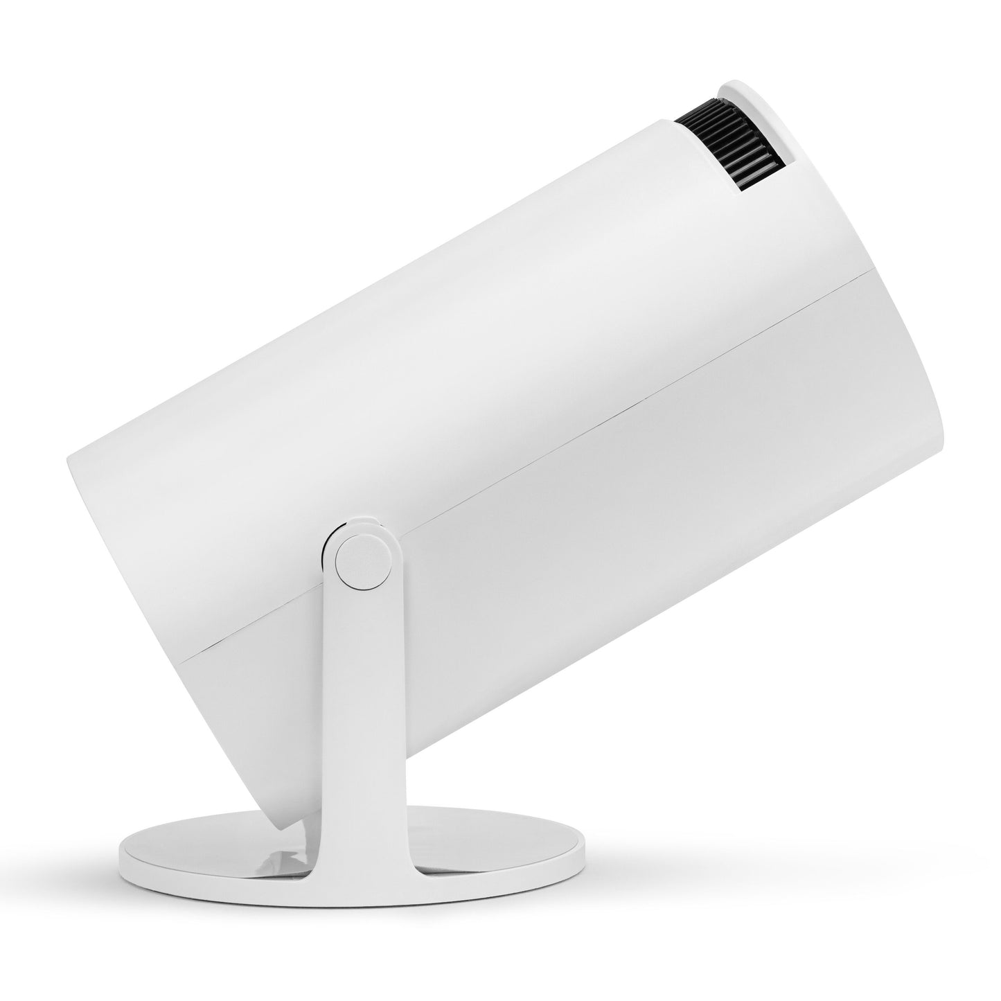 Plexgear bærbar LCD-projektor CV200, hvid, cylinderformet med stander og luftudtag øverst.