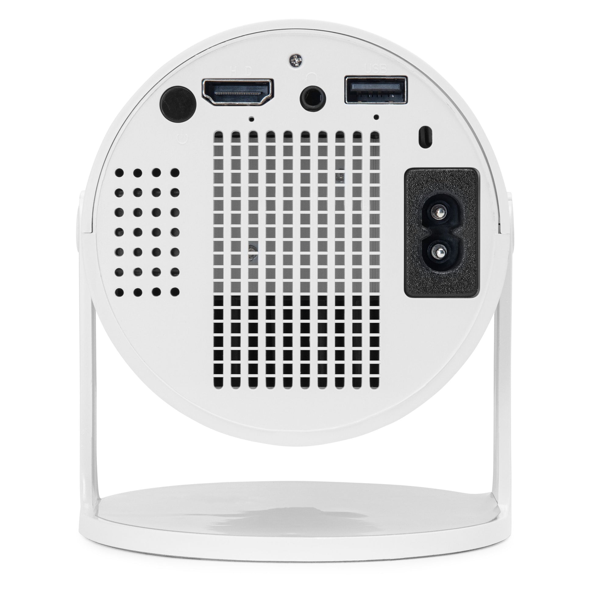 Plexgear Bærbar LCD-projektor CV200 bagfra med 2 HDMI, USB, ventilationshuller, strømstik og rund fod.