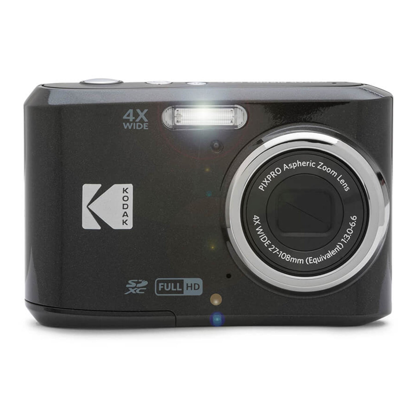 Kodak Pixpro FZ45 digitalkamera 16 MP sort, 4X wide zoom objektiv, flash, FULL HD og SDXC mærkater på fronten.