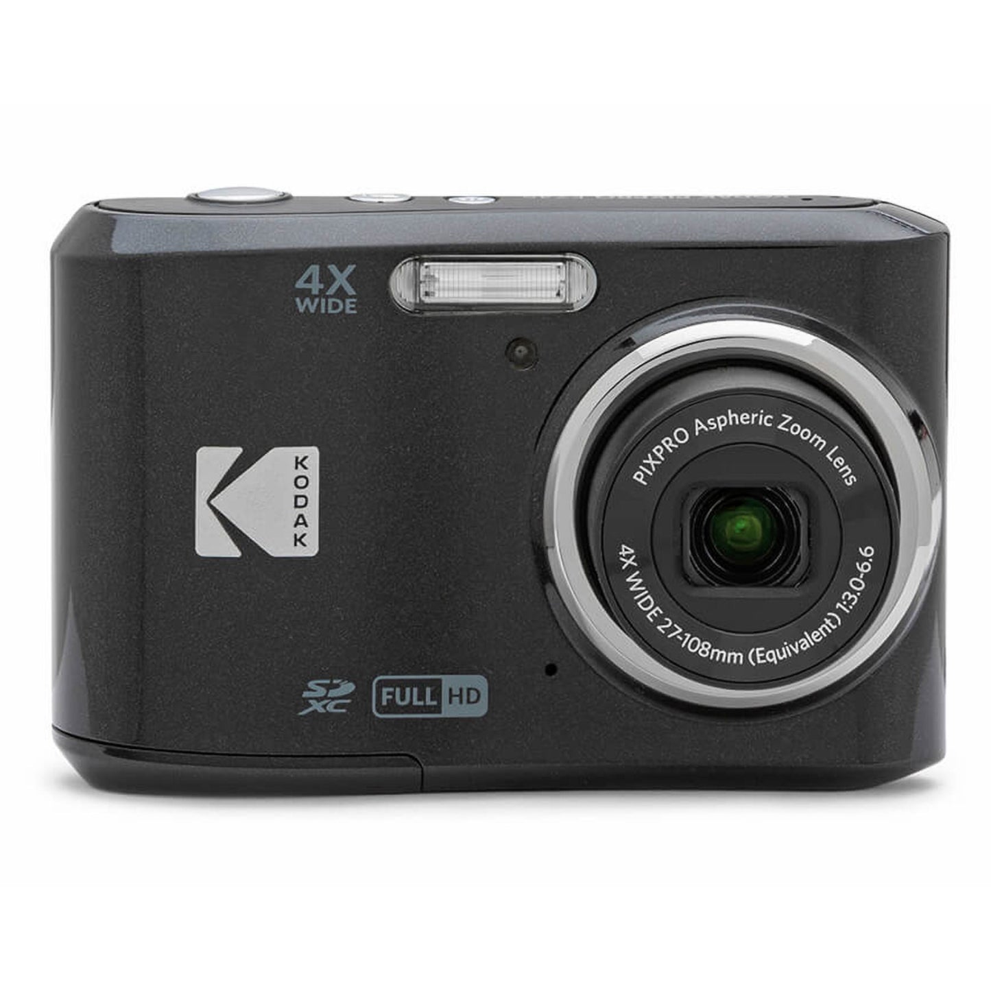 Kodak Pixpro FZ45 digitalkamera 16 MP sensor, 4X bred asfærisk zoom, indbygget blitz, SD-kort og Full HD mærkater foran.