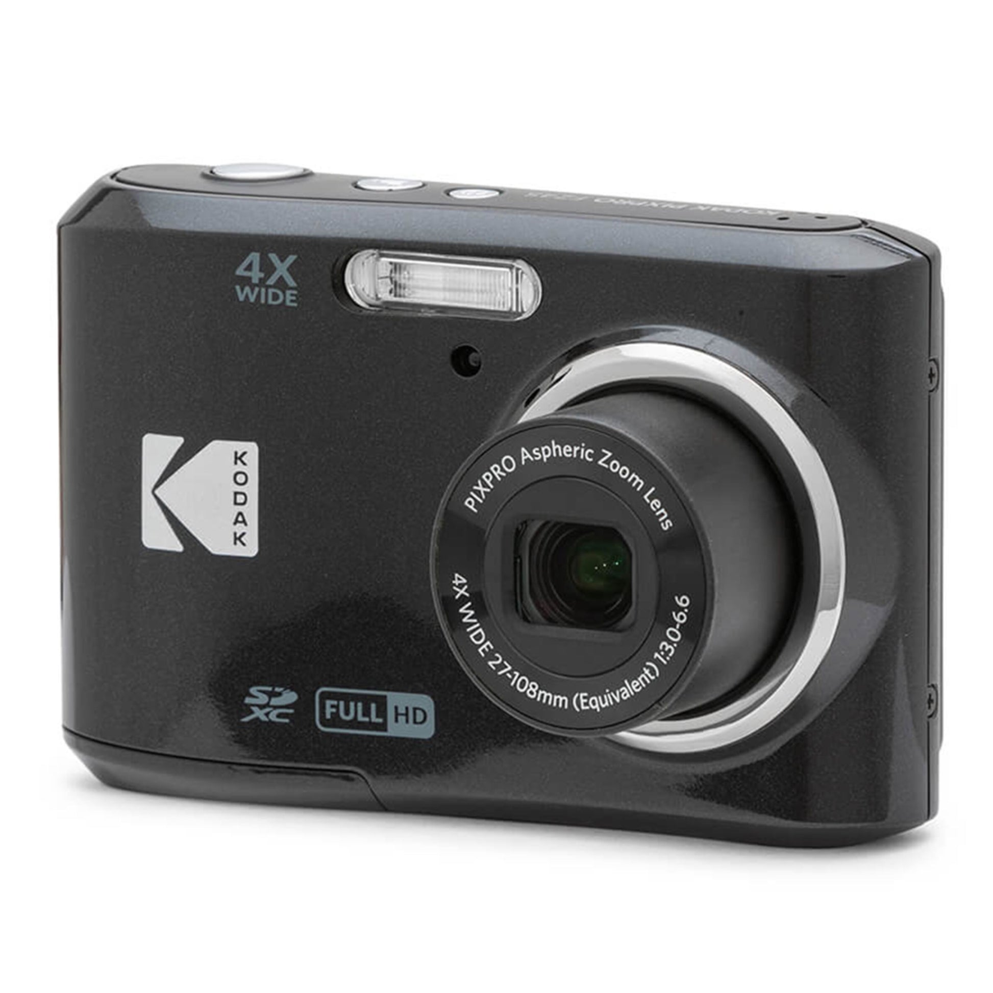 Kodak Pixpro FZ45 digital kamera sort, 16 MP, 4x zoom objektiv, indbygget blitz, FULL HD mærke, SD-kort slot, Kodak logo.