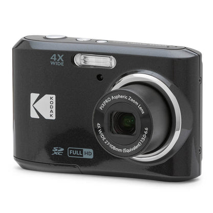 Kodak Pixpro FZ45 digital kamera sort, 16 MP, 4x zoom objektiv, indbygget blitz, FULL HD mærke, SD-kort slot, Kodak logo.