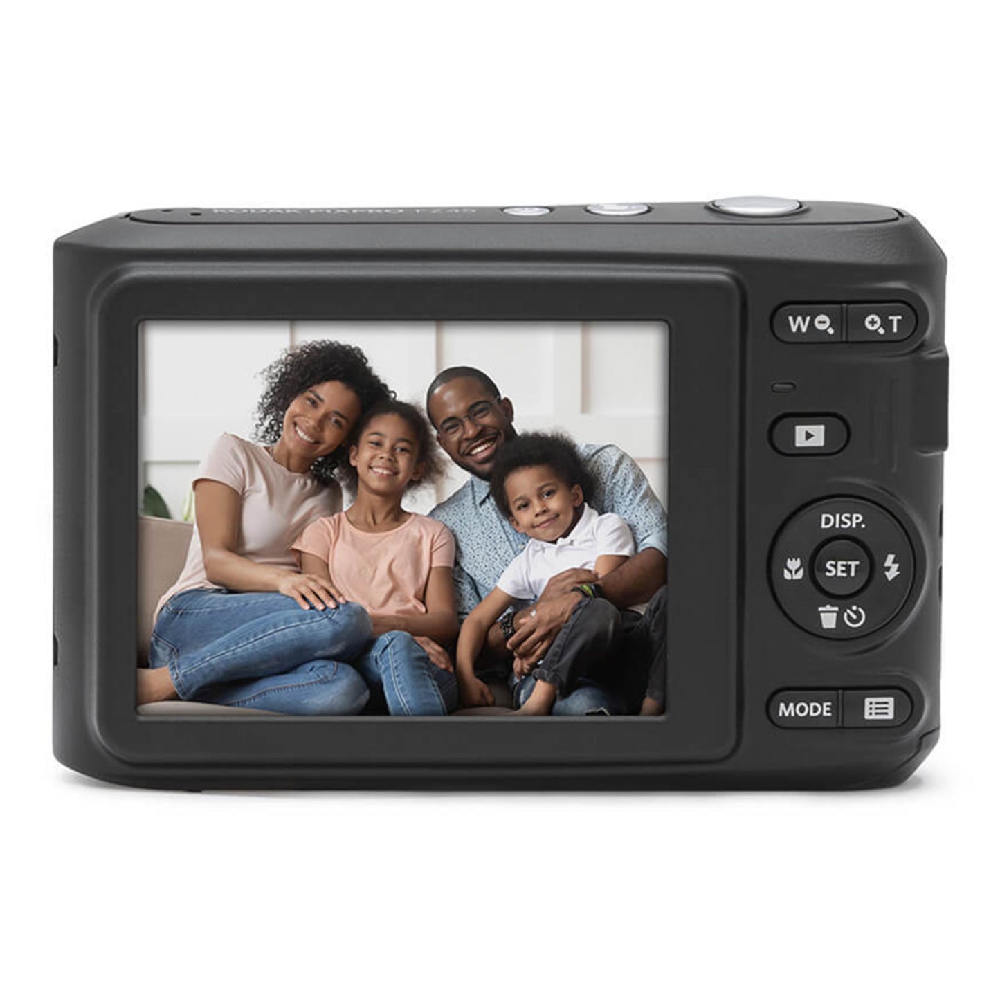 Kodak Pixpro FZ45 digital kamera 16 MP sort bagside med display der viser foto af fire personer.