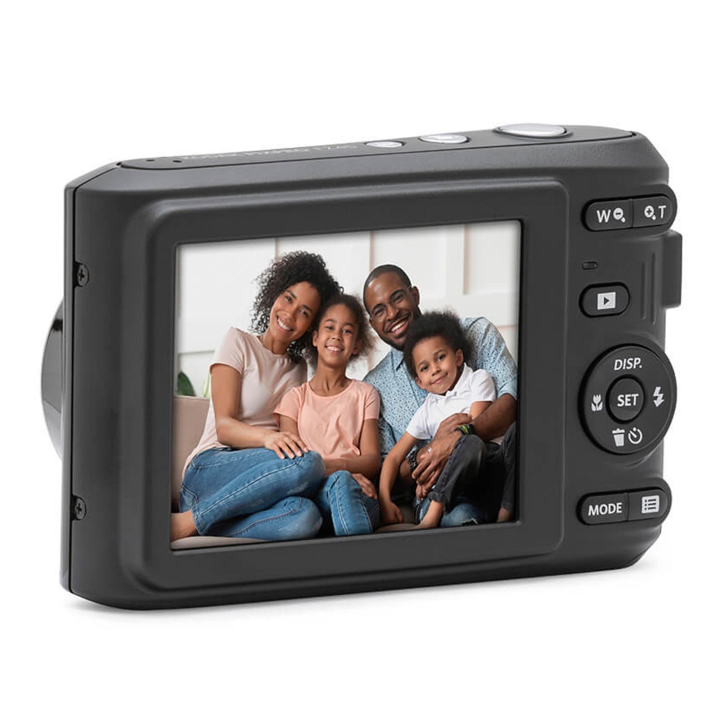 Kodak Pixpro FZ45 digitalkamera 16 MP bagfra, LCD-skærm viser familie, synlige Mode, Set, Display og zoom-knapper.