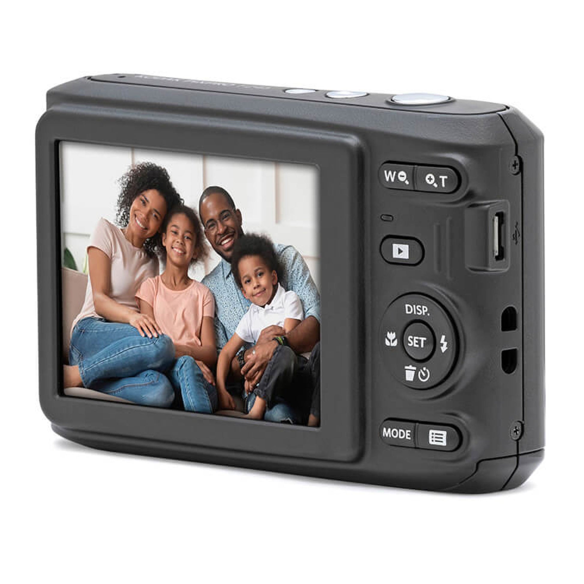 Kodak Pixpro FZ45 digital kamera 16 MP sort med LCD-skærm der viser billede af fire personer på sofa.