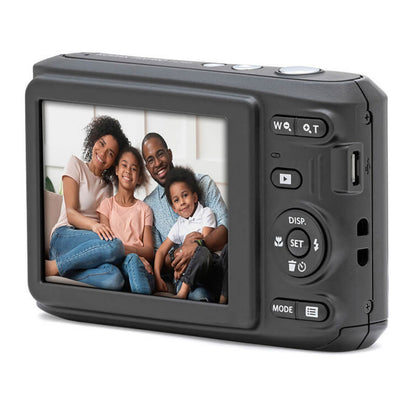 Kodak Pixpro FZ45 digital kamera 16 MP sort med LCD-skærm der viser billede af fire personer på sofa.