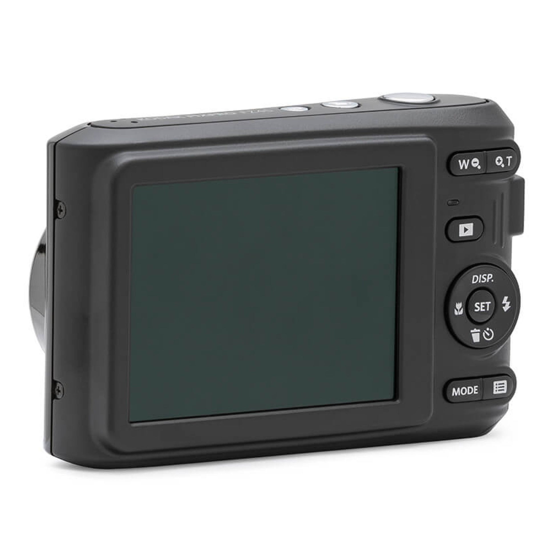 Kodak Pixpro FZ45 sort digital kamera 16 MP, bagside med stor LCD-skærm, kontrolknapper, retningspile og zoom.