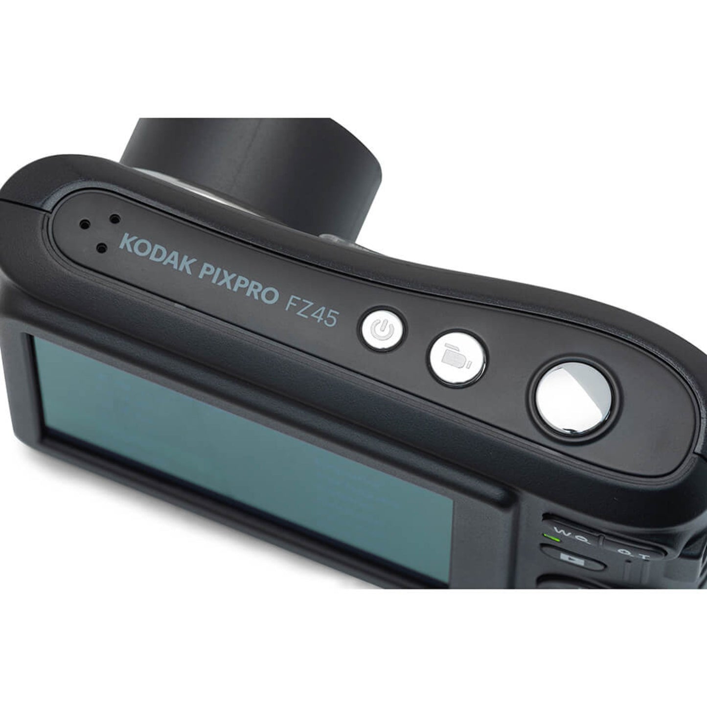 Kodak Pixpro FZ45 digital kamera sort, top og bagsee med power- og mode-knap, styrehjul, 16 MP mærkat og LCD-skærm.