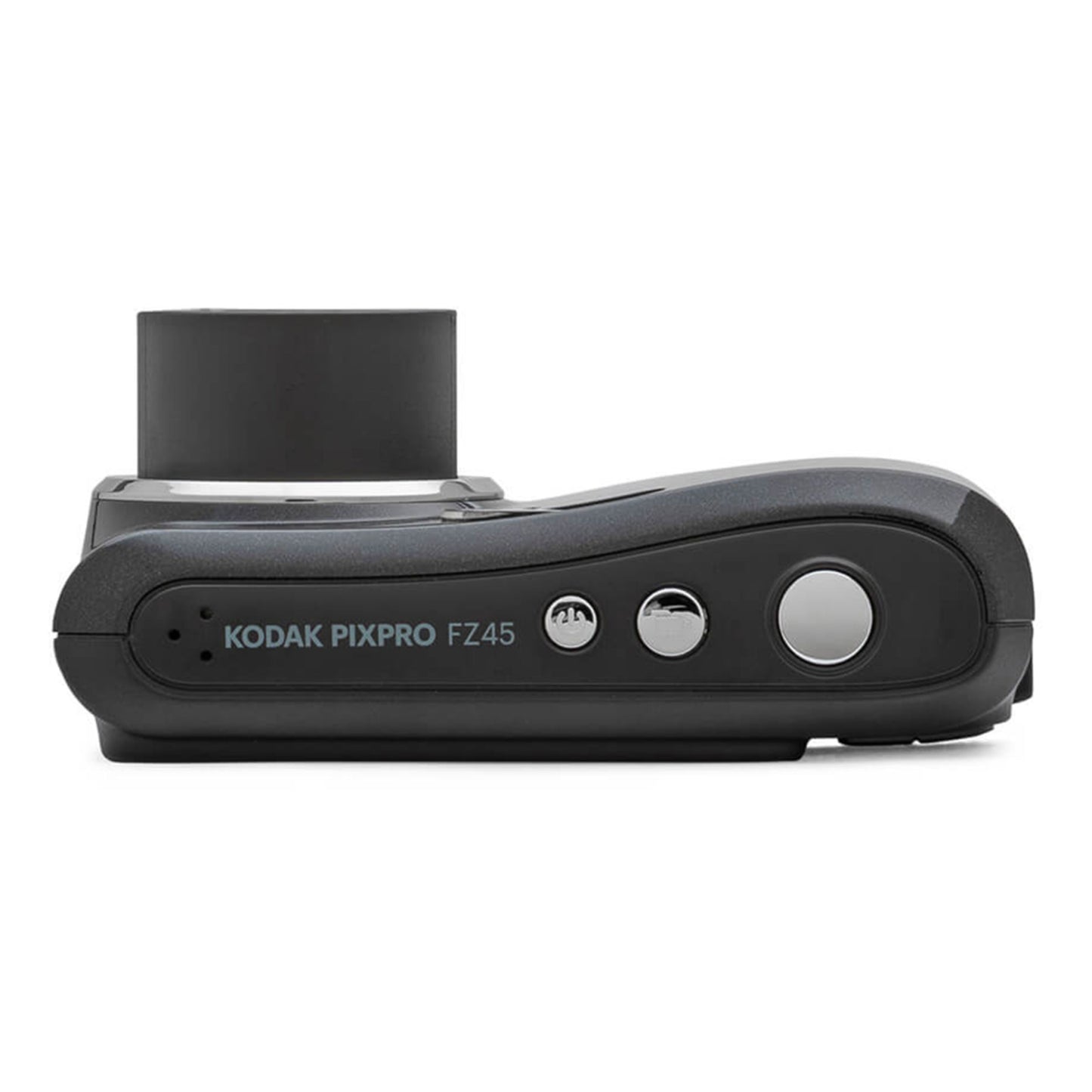 Kodak Pixpro FZ45 digital kamera 16 MP sort, set oppefra med udvidet linse, kontrolknapper og modelnavn på siden.