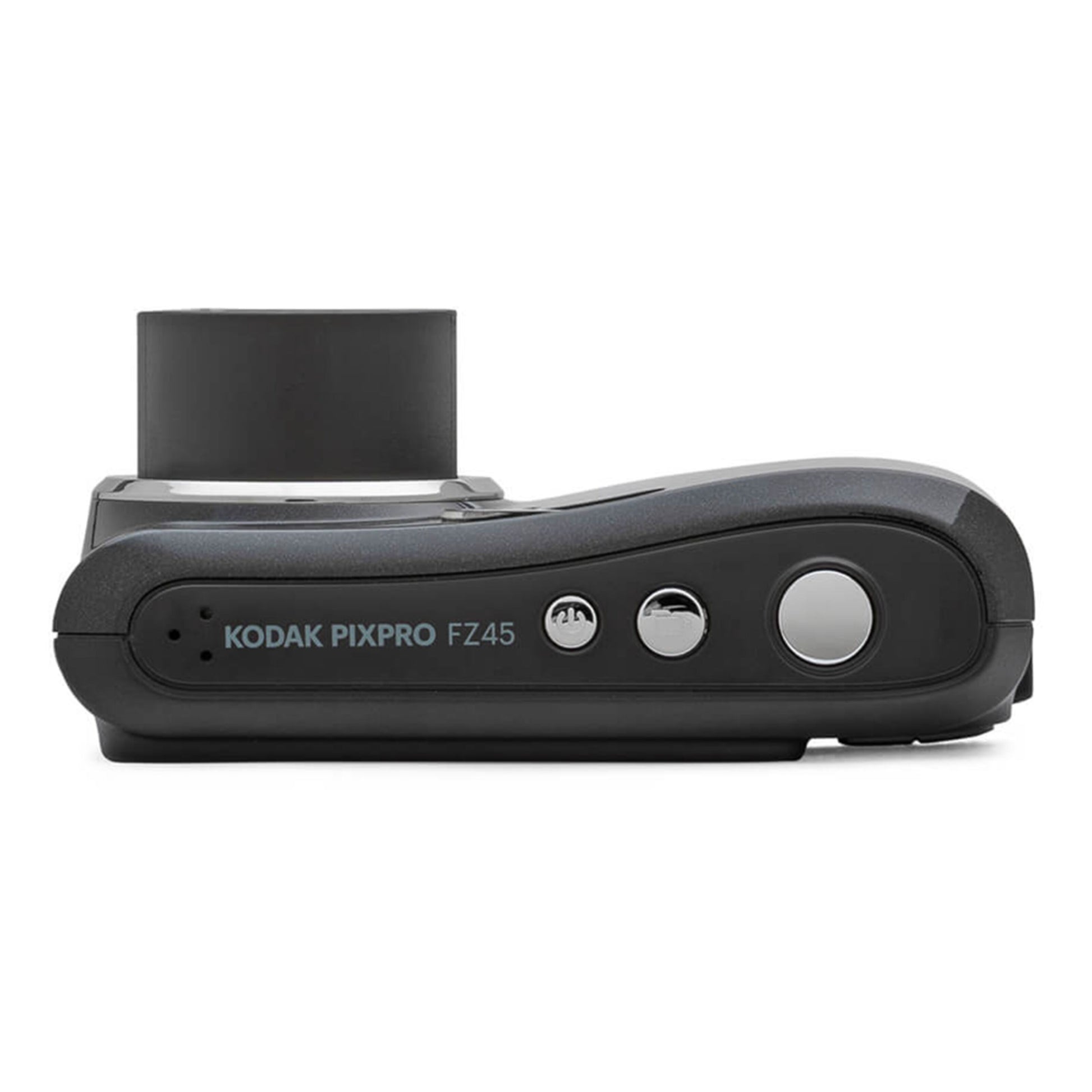 Kodak Pixpro FZ45 digital kamera 16 MP sort, set oppefra med udvidet linse, kontrolknapper og modelnavn på siden.