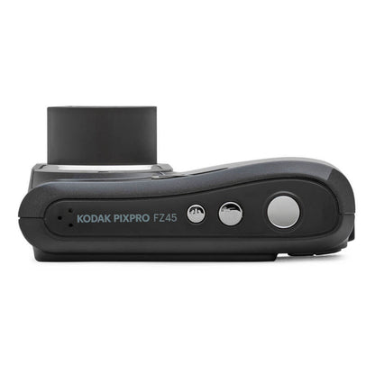 Kodak Pixpro FZ45 digital kamera 16 MP sort, set oppefra med udvidet linse, kontrolknapper og modelnavn på siden.